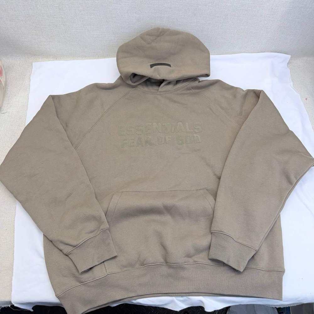 Fear of God Essentials Hoodie XL Taupe Tan Embossed Logo Pullover Fleece XL